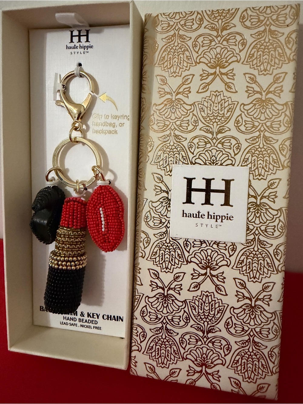 Haute Hippie Red and Black Beaded Lipstick Keychain